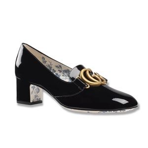 GUCCI Black GG Patent Victoire Mid-Heel Loafer Pumps